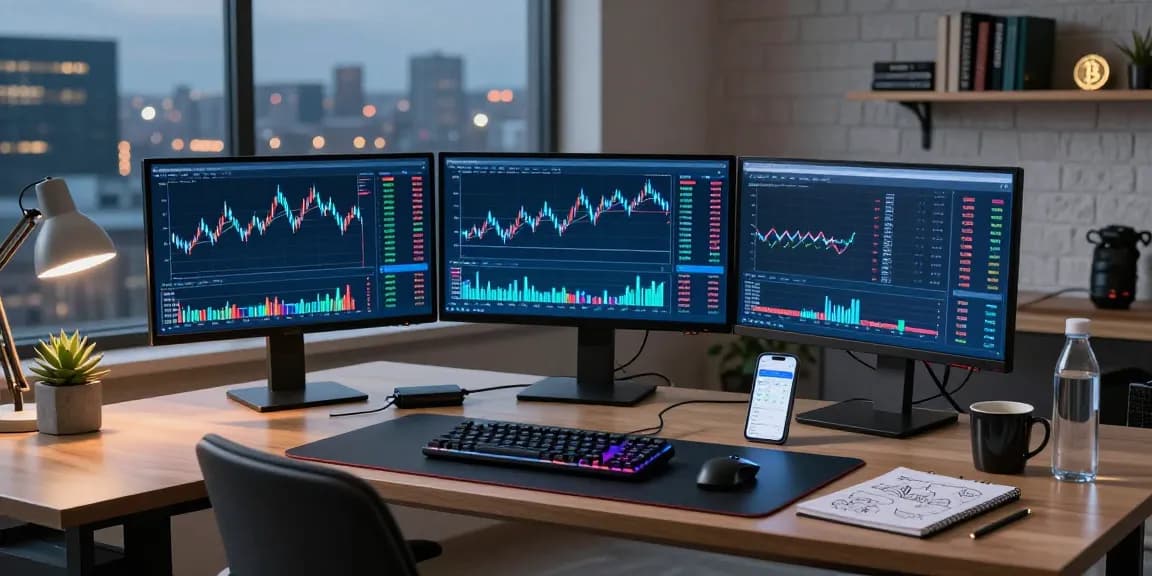 تتبع المحفظة الرقمية في مساحة عمل حديثة للعملة المشفرة مع شاشات تعرض بيانات التداول.