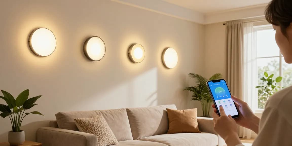Aplice LED moderne pe perete într-un living stylish, persoană ajustând lumina cu smartphone-ul