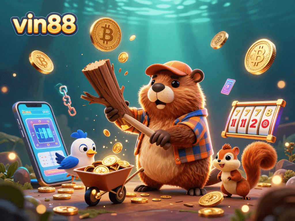 Win big with vin88 as a beaver chops a coin tree in a vibrant crypto casino scene