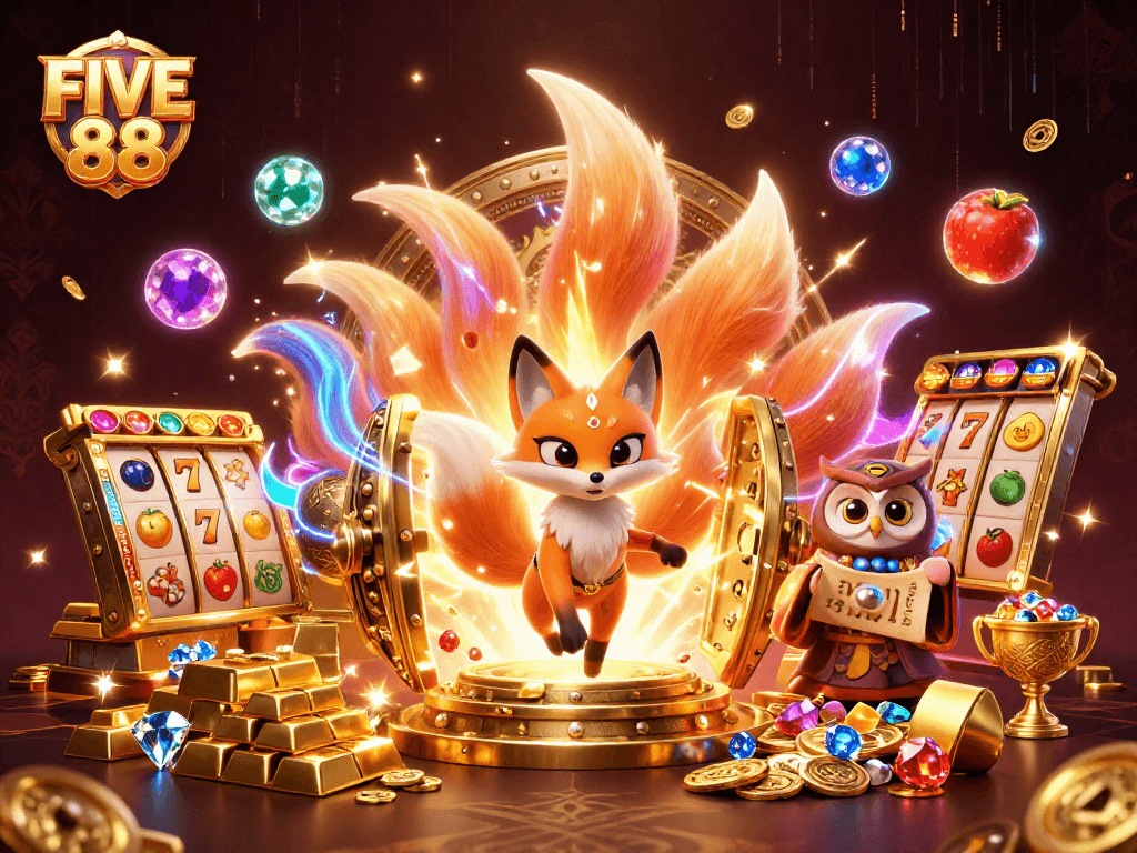 Experience the vibrant FIVE 88 scene with a nine-tailed fox, treasures, and slot elements.