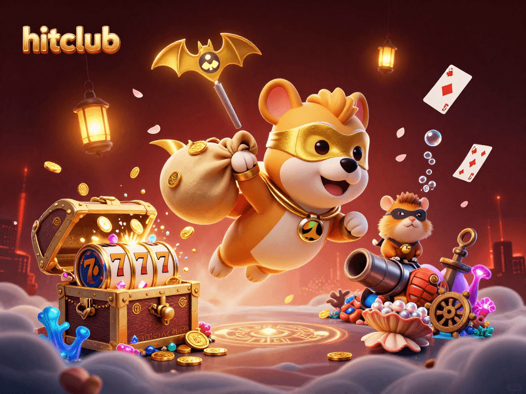Hitclub brings excitement with a 3D superhero dog flying and coins spilling in a vibrant casino scene.