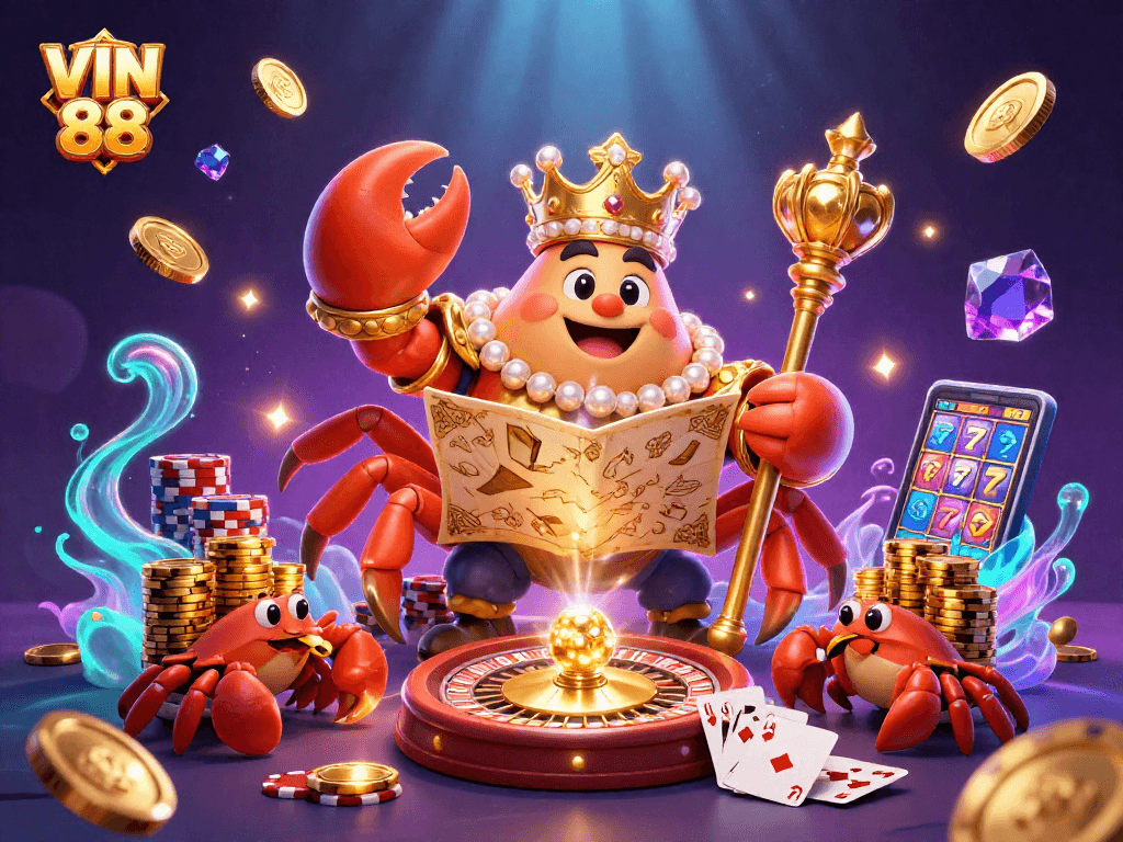 Engage with VIN 88's golden crab emperor in this vibrant casino-themed 3D illustration.