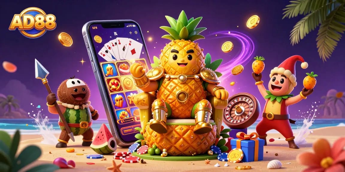 Experience the excitement of the AD88 online casino with vibrant game characters and dynamic elements.
