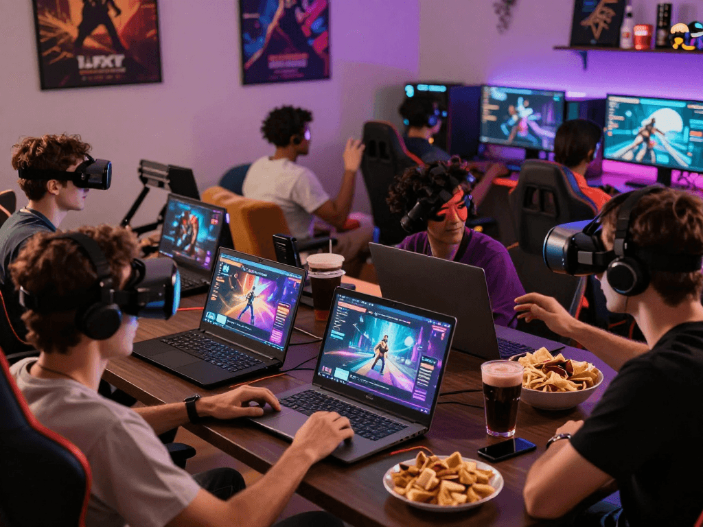 Adults engaged in interactive porn game session with vibrant visuals and immersive setups