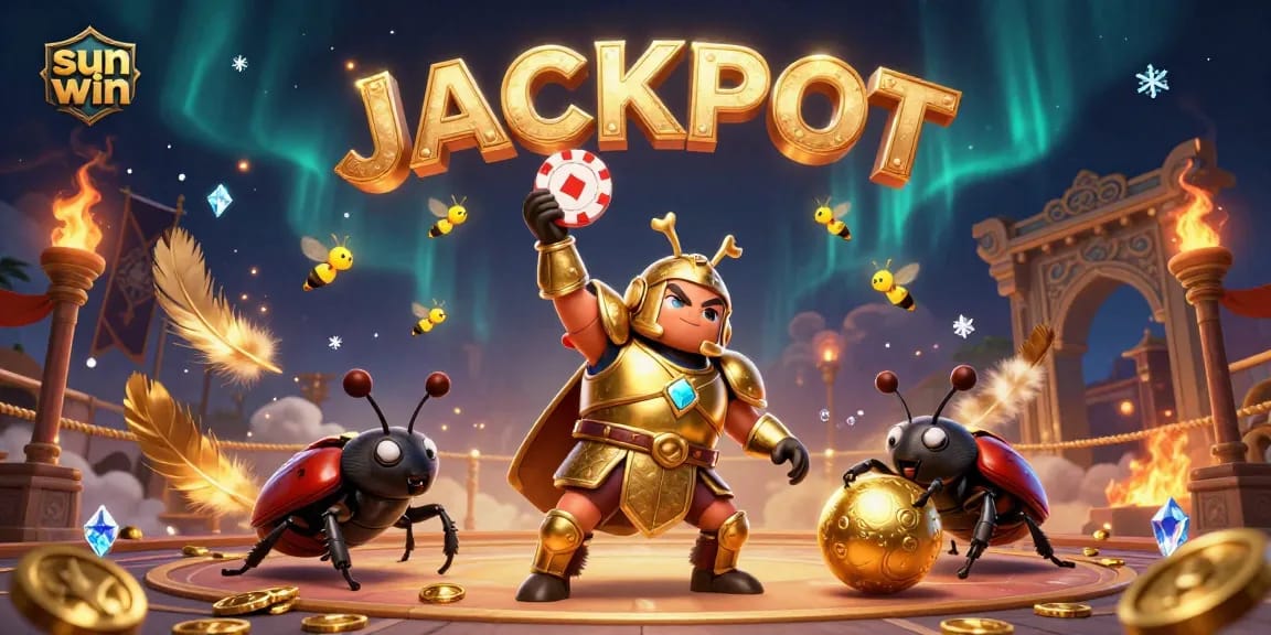 Win big at sun win with a hercules beetle in gladiator armor and magical jackpot effects.