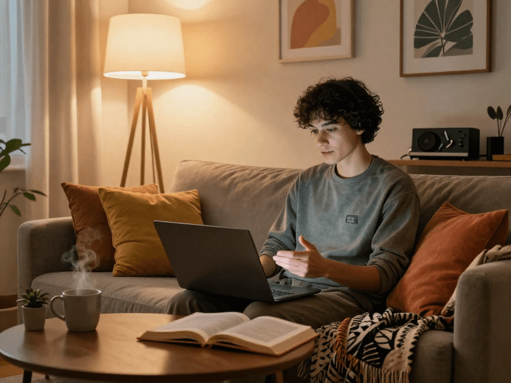 Engaging in an nsfw ai chat in a cozy home environment with warm lighting.