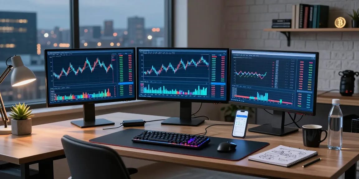 تتبع المحفظة الرقمية في مساحة عمل حديثة للعملة المشفرة مع شاشات تعرض بيانات التداول.