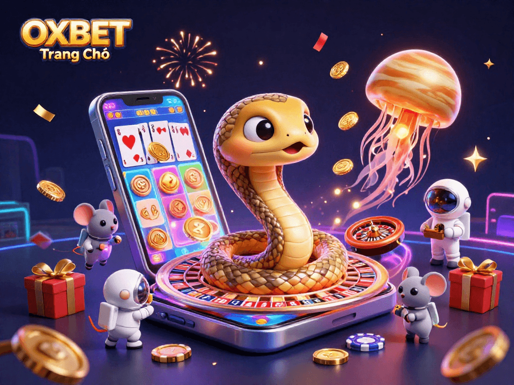 Engage with OXBET Trang Chủ as astronaut mice bet on a cosmic roulette wheel, amid vibrant casino elements.