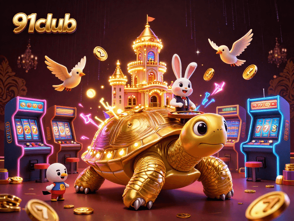 Experience gaming thrills at 91club with vibrant characters and colorful casino elements.