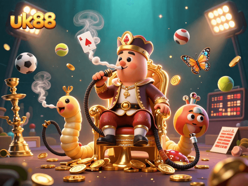Experience thrilling gambling with uk88 as a 3D cartoon caterpillar master holds poker symbols and sports elements.