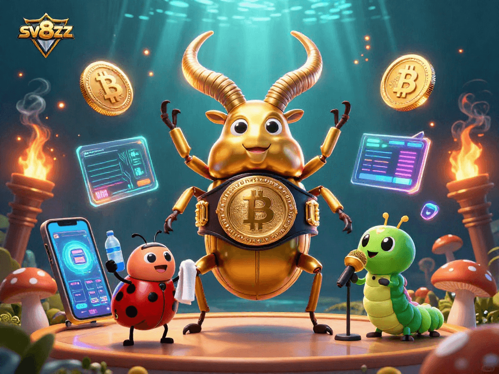 Engage with sv88zz in this exciting 3D casino scene featuring a boxing beetle and crypto elements.