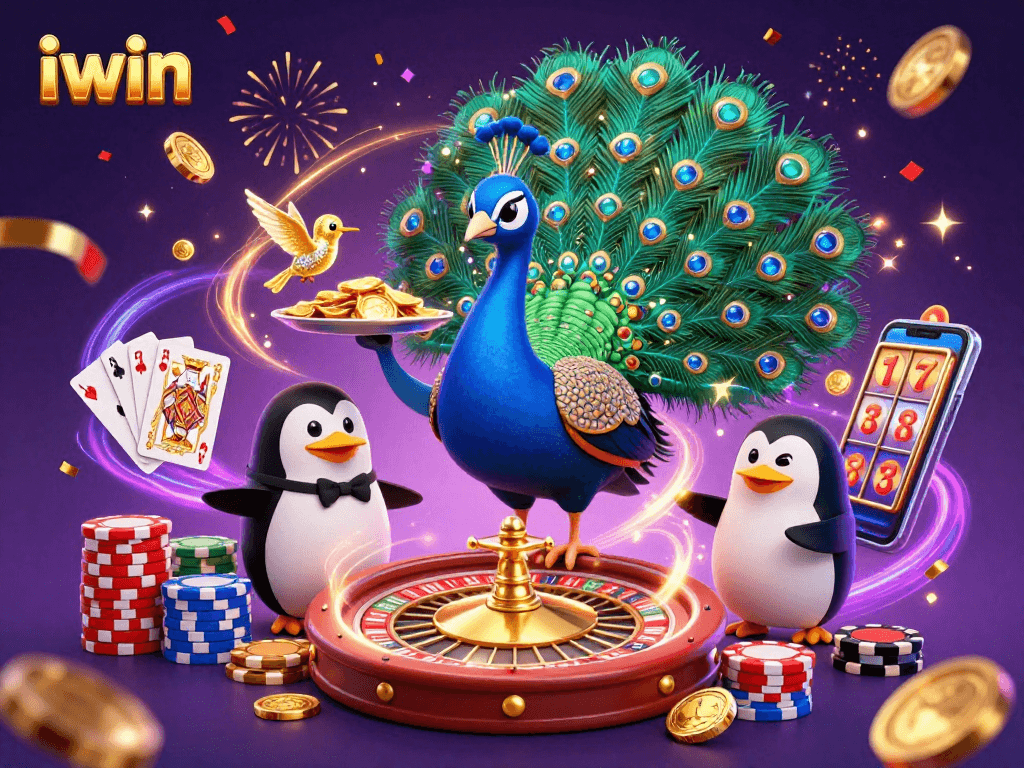 Experience the thrill of iwin with vibrant casino elements featuring a peacock and butler penguin.