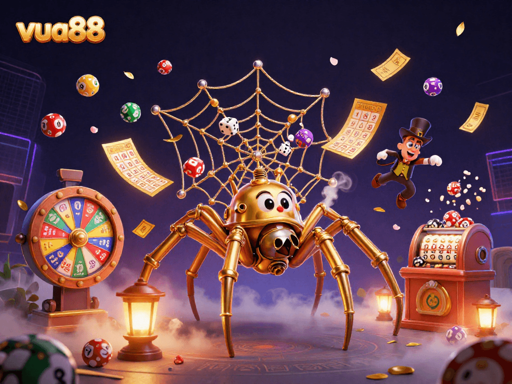 Engage in thrilling action at vua88 with a lively scene of a golden spider and dice amid a dynamic casino atmosphere.