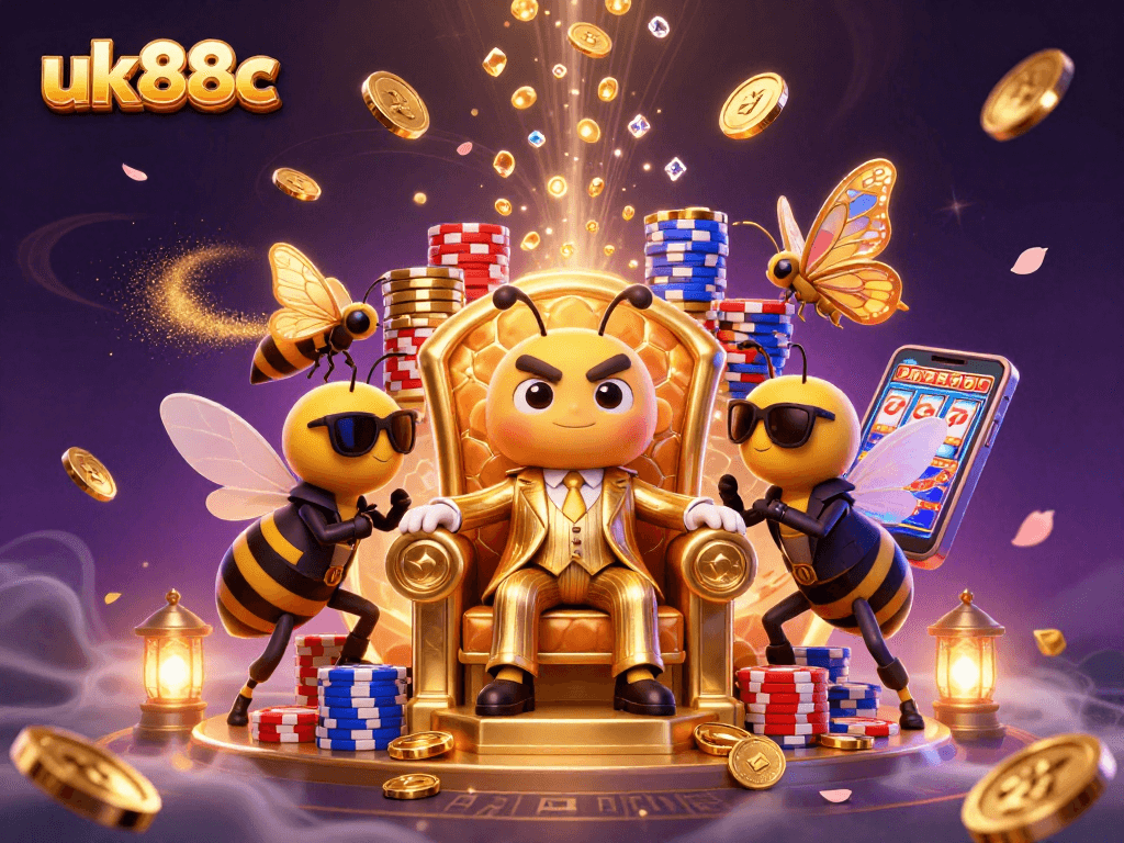 uk88c buzzes through vibrant casino chaos, led by a bumblebee mob boss and dazzling game elements.