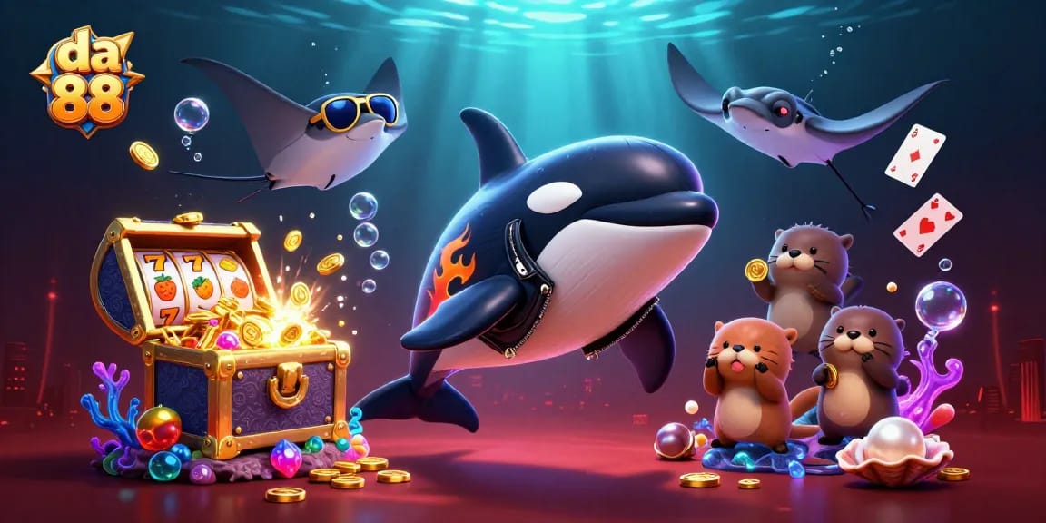Play exciting games with da 88 while watching an orca jump and sea creatures celebrating.