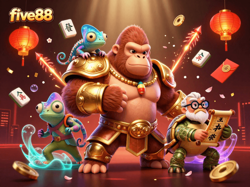Experience thrilling gameplay with five88 as the gorilla king battles for riches amidst colorful casino elements.