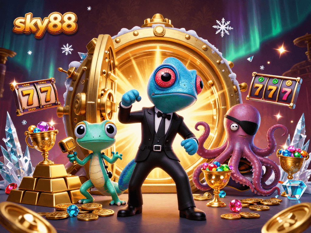 Experience exhilarating gaming at sky88 with vibrant 3D characters and sparkling treasures around a jackpot.