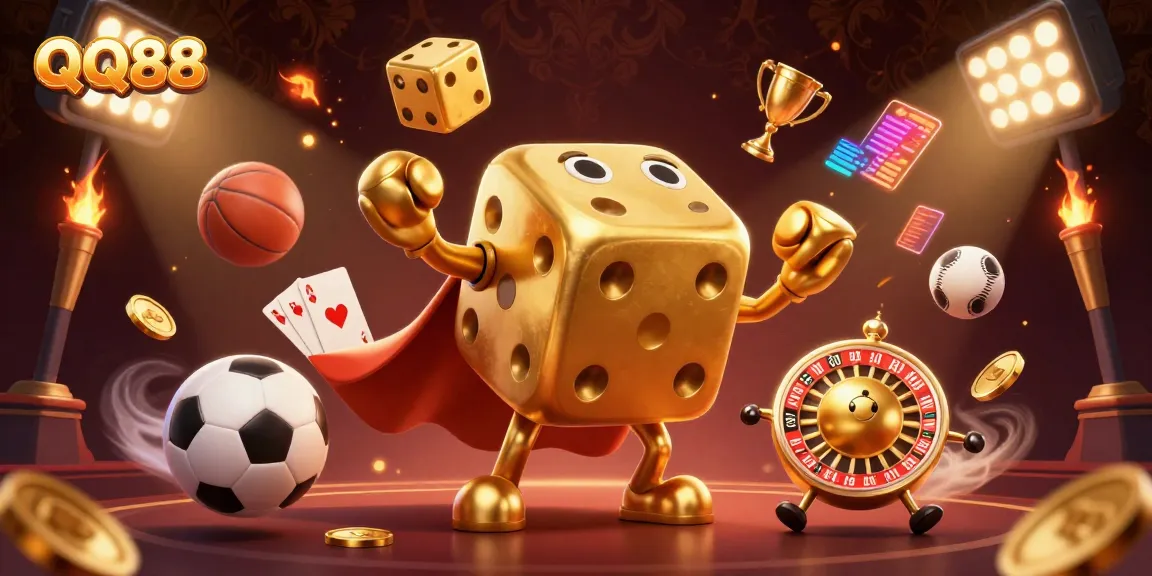 Experience thrilling gameplay with QQ88's vibrant casino scene, featuring an energetic golden dice golem.