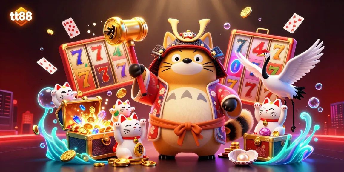 Experience vibrant winnings with TT88's casino magic illustrated by cheerful characters amid sparkling jackpots.
