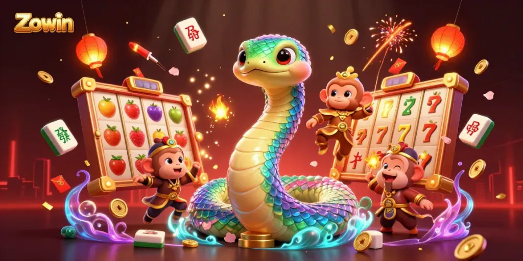 Zowin launches thrilling slot reels as a rainbow serpent and monkey king celebrate a jackpot win.