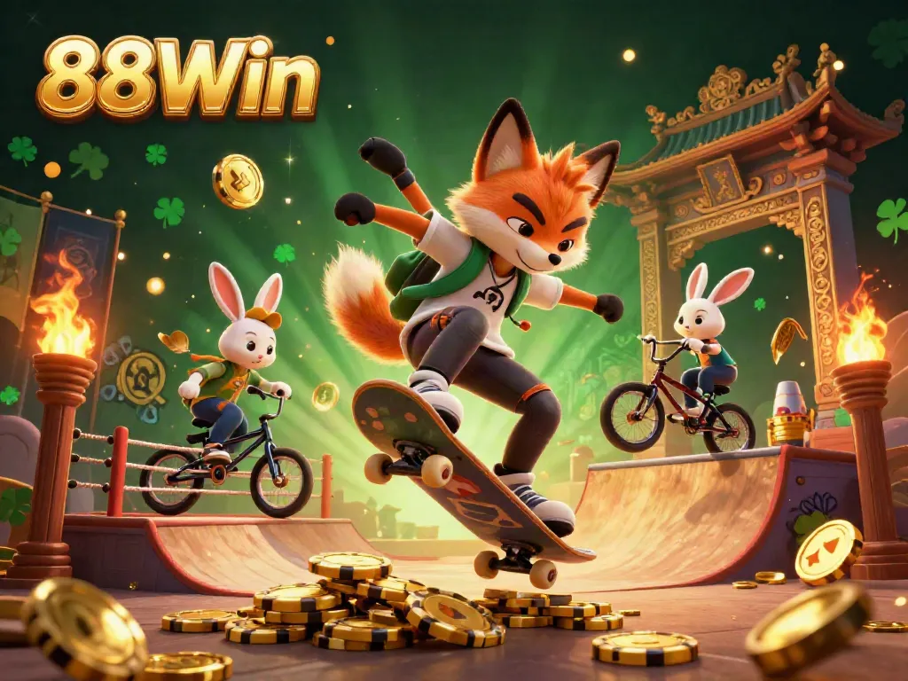 Experience thrilling action with 88Win as a cartoon fox kicks off a golden poker chip ramp.