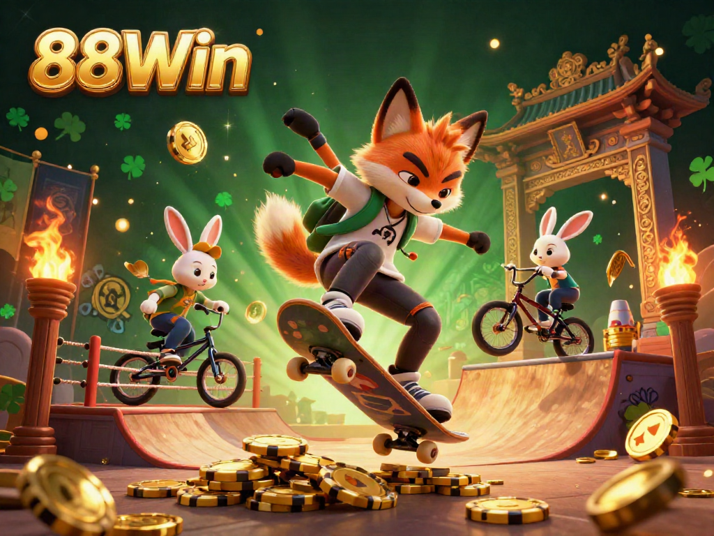 Experience thrilling action with 88Win as a cartoon fox kicks off a golden poker chip ramp.
