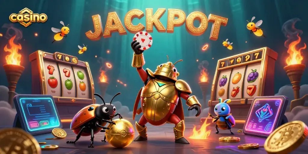 Experience the thrill of winning at the casino with a dynamic illustration featuring a victorious beetle and lively elements.