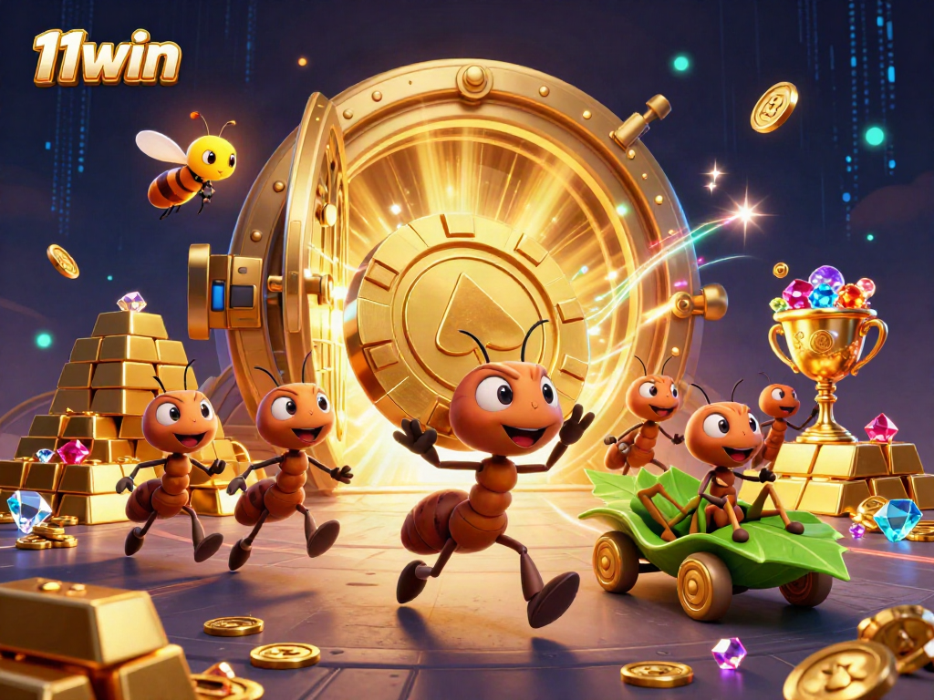 11win showcases a fun, animated scene with ants heisting a giant poker chip amidst dazzling treasures.