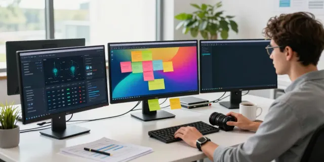 Digital marketing workspace featuring instant indexing strategies with multiple screens.