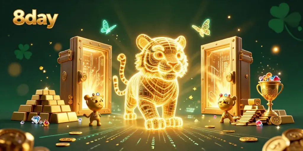 Experience thrilling wins with 8day in this vibrant casino scene featuring a golden tiger.