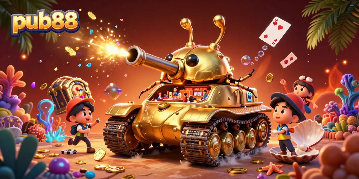 Experience thrilling gameplay at pub88 with a vibrant casino scene featuring a golden tank and treasure.