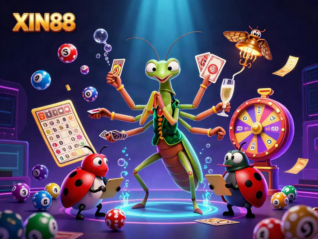 XIN88 showcases a vibrant casino scene with a giant praying mantis card sharp and lively game elements.