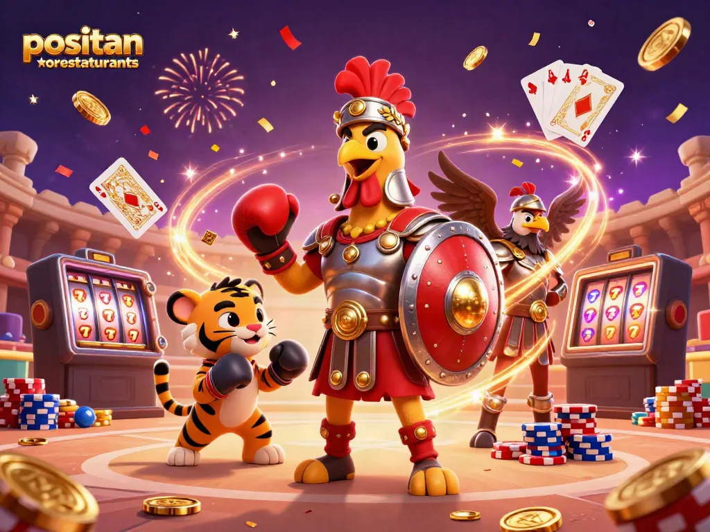 Experience the thrill of gaming at positanorestaurants with a gladiator rooster and vibrant casino elements.