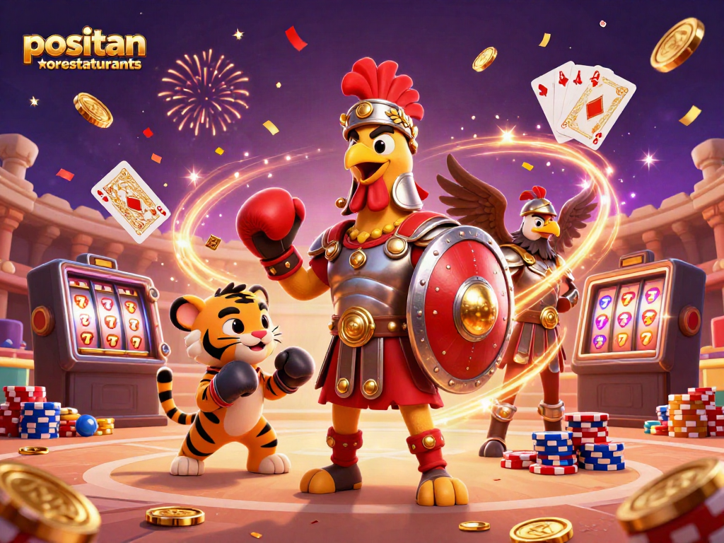 Experience the thrill of gaming at positanorestaurants with a gladiator rooster and vibrant casino elements.