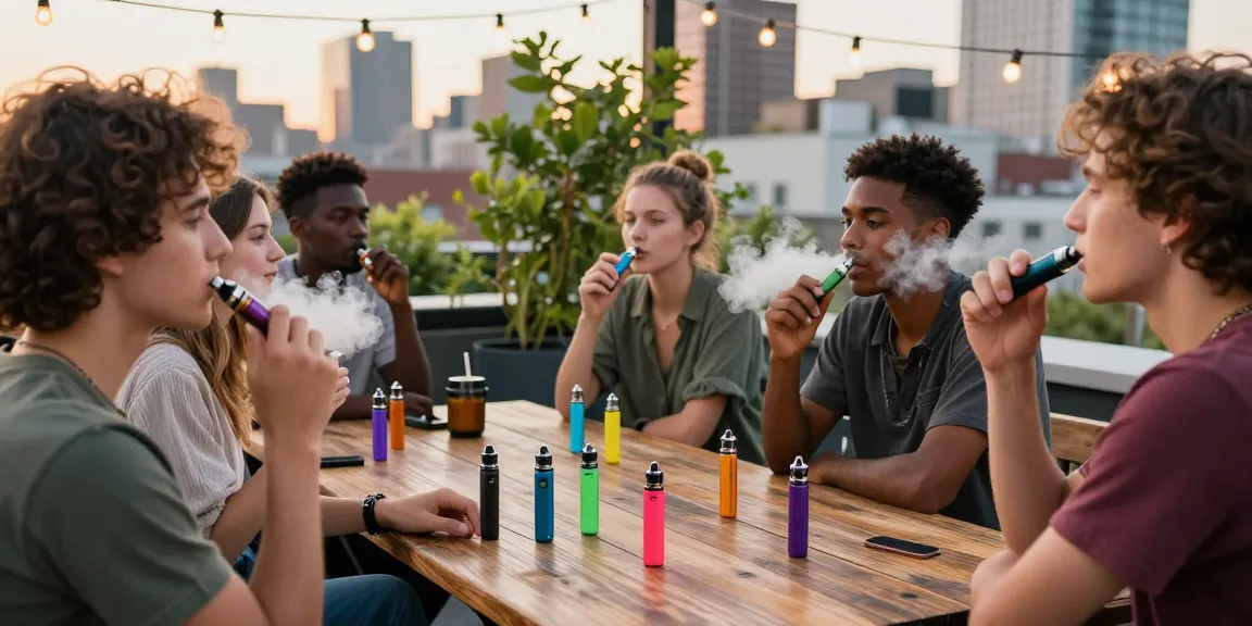 Group enjoying diverse weed vapes at sunset with city view.
