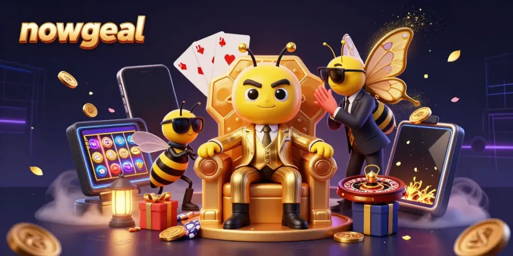 Experience the thrill of nowgoal with vibrant casino elements in a dynamic 3D illustrated scene.