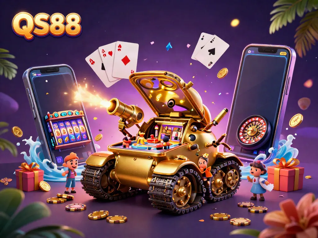 Experience the excitement of QS88 with a 3D cartoon scene of a golden beetle tank revealing a miniature casino.