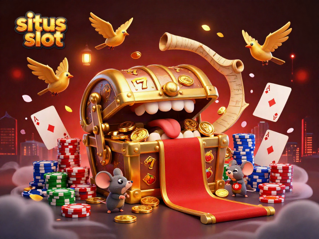 Experience the thrill of situs slot with a digital treasure chest and vibrant slot reels.