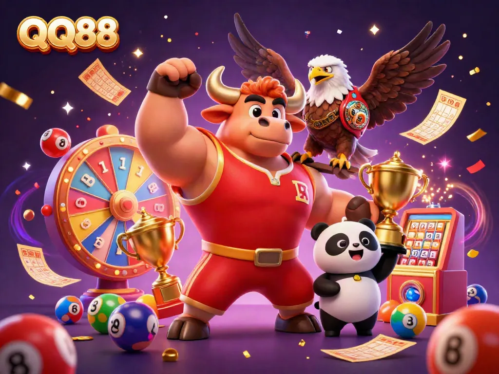 Bet big with QQ88's vibrant lottery and casino theme featuring celebratory characters and dynamic elements.