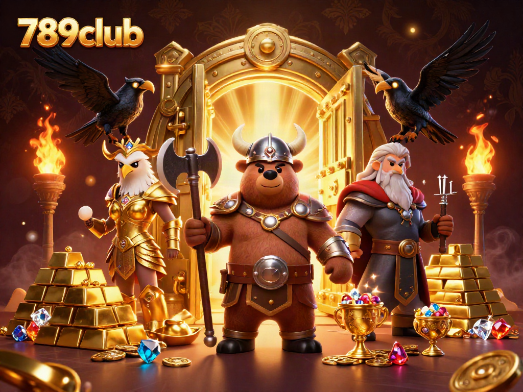 Experience the thrill of 789club with a dynamic 3D Viking and Valkyrie illustration surrounded by riches and gold.