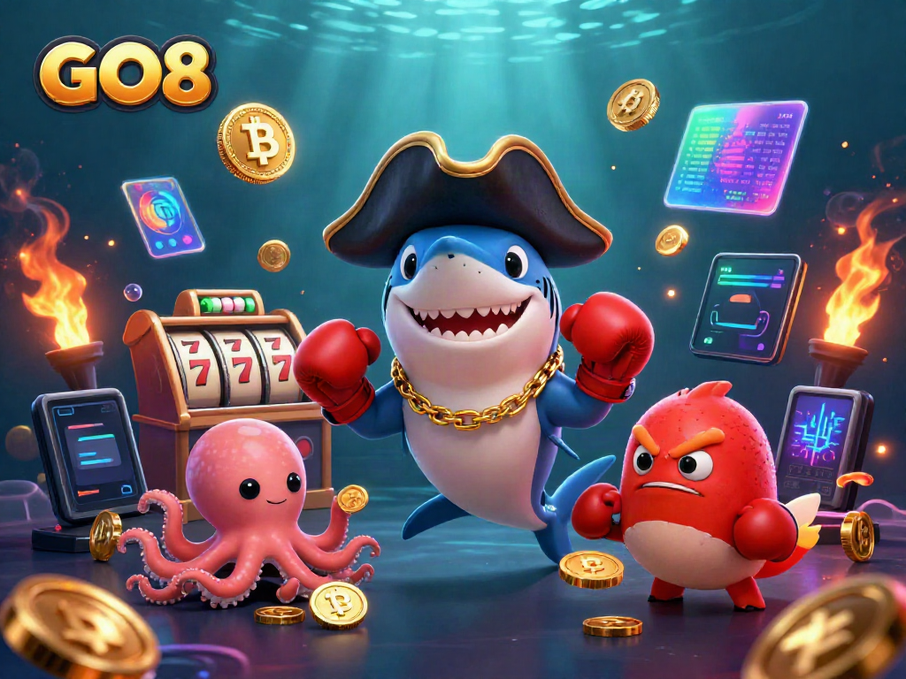 Experience exciting gaming at GO8 with a captivating illustration showcasing playful characters surrounded by themed elements.
