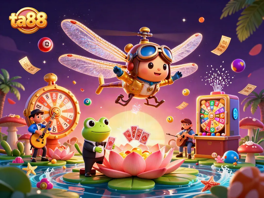 Engage with ta88's thrilling casino action featuring a vibrant 3D illustration of a helicopter pilot and card dealer.
