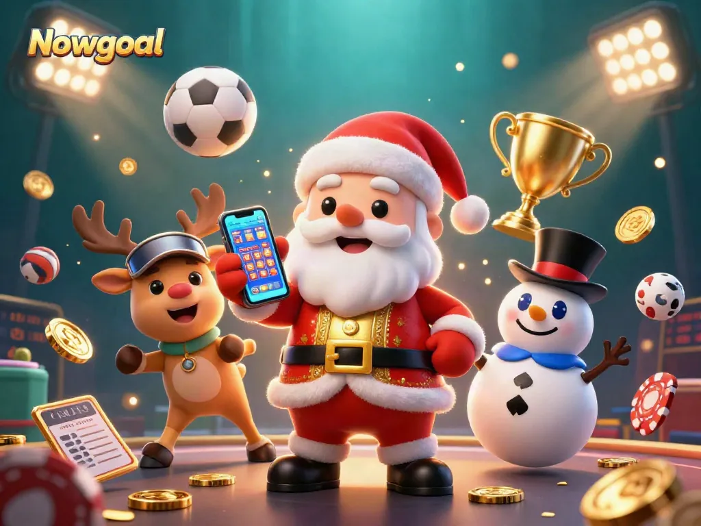 Enjoy real-time betting excitement with Nowgoal as Santa Claus spins jackpots in a lively casino scene.
