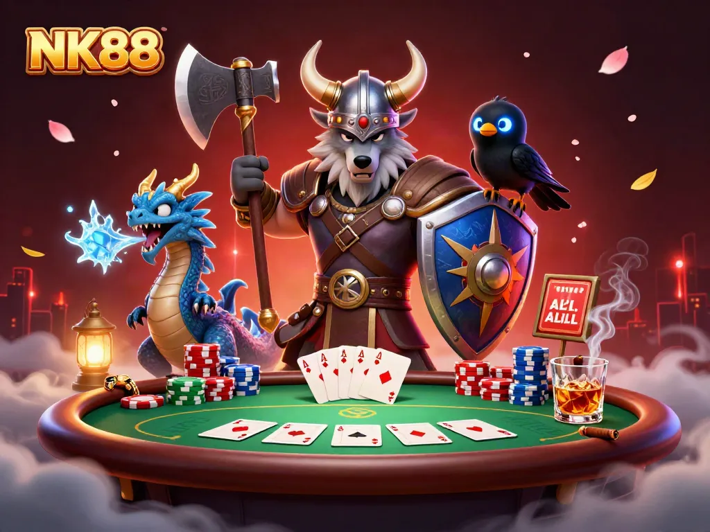 Engage with NK88 in a vibrant casino scene featuring a Viking warrior, dragon, and poker elements.