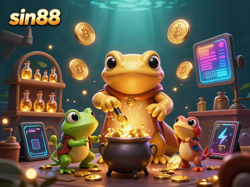 Experience the magic of sin88 with a golden salamander alchemist crafting riches and NFTs.