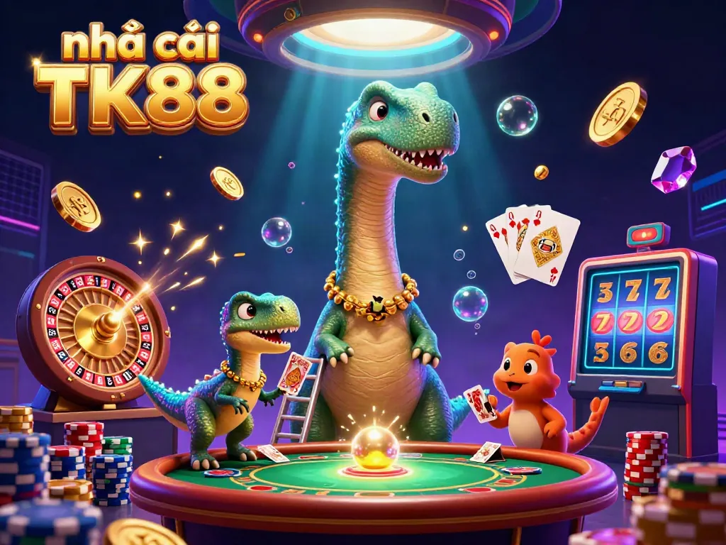 Experience the vibrant action at nhà cái TK88 with a giant dinosaur and a clever dealer amidst cascading winnings.