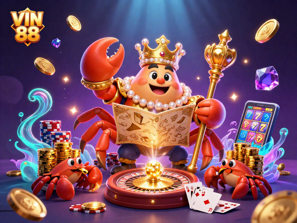 Engage with VIN 88's golden crab emperor in this vibrant casino-themed 3D illustration.