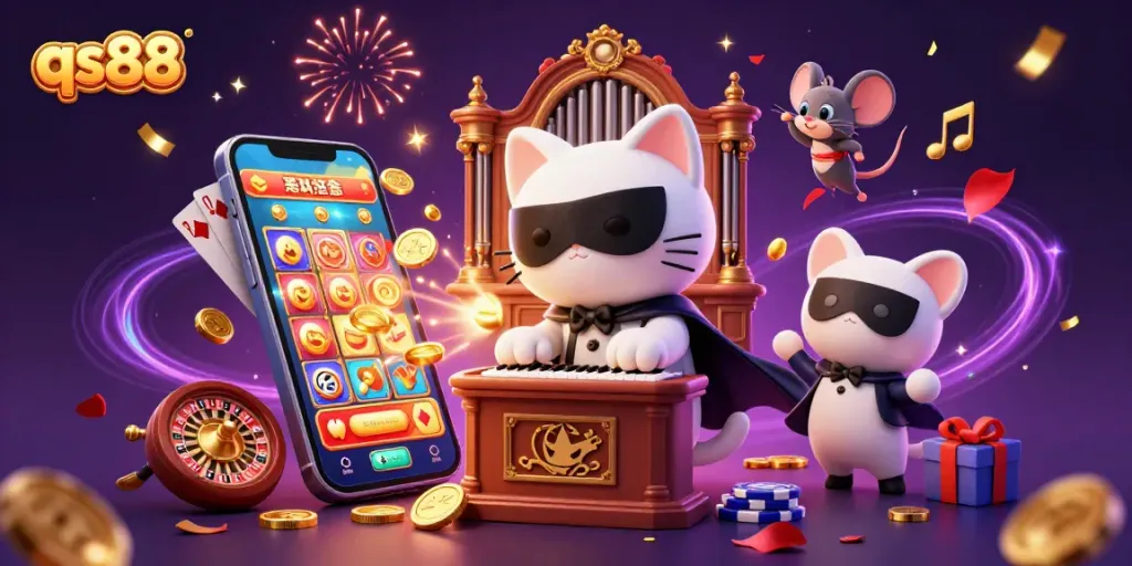 Experience the thrill of qs88 gaming with interactive slot games and festive characters in a vibrant casino illustration.