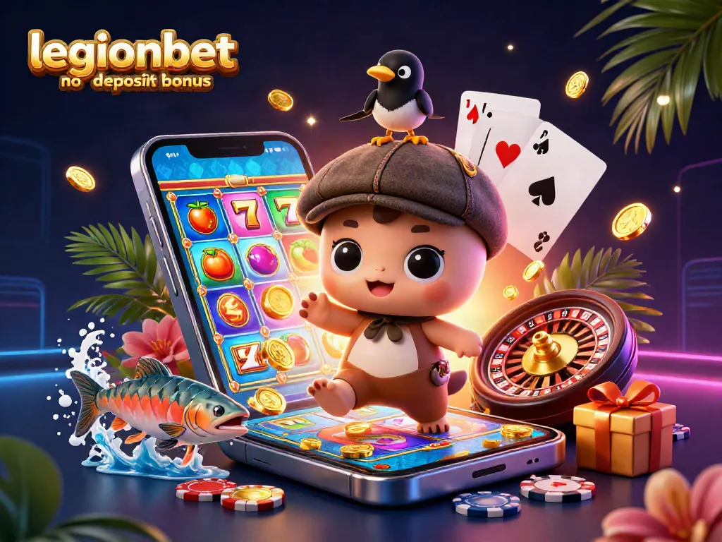 Spin to win with legionbet no deposit bonus featuring cartoon characters and casino games
