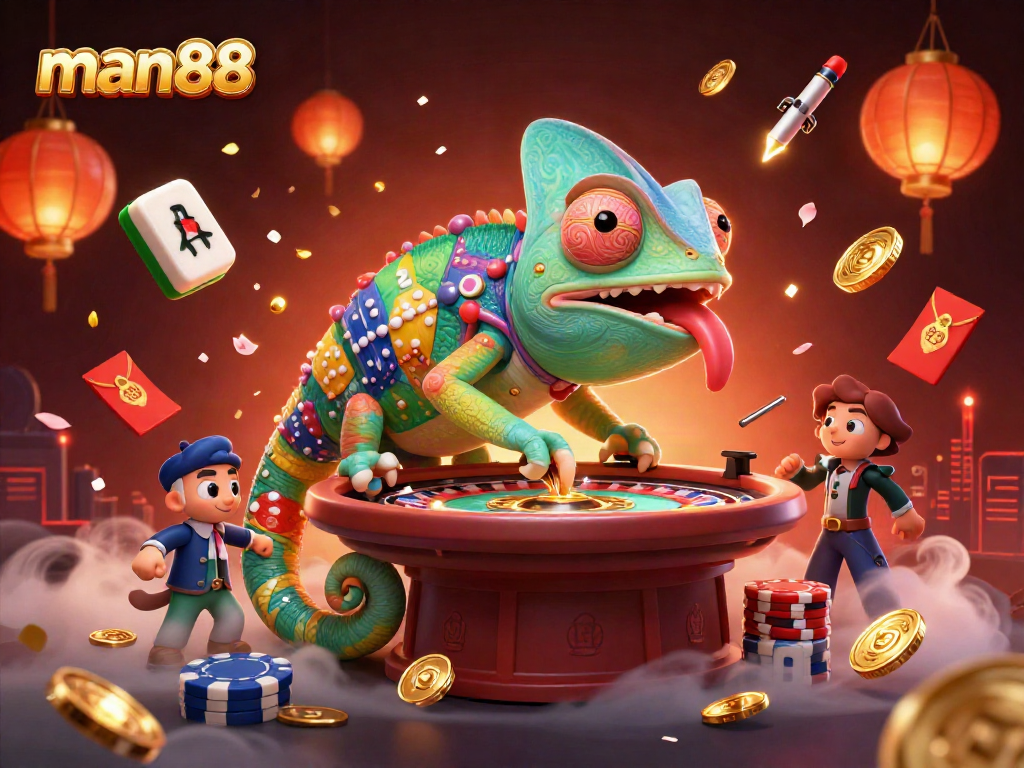 Experience thrilling casino action with the vibrant man88 chameleon, grabbing golden coins and juggling mahjong tiles.